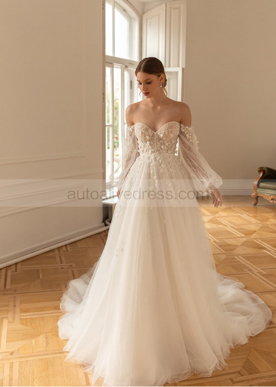 Beaded Sweetheart Neck Ivory 3D Floral Lace Tulle Wedding Dress